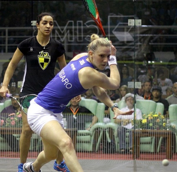 England's Laura Massaro (R) hits a return against Raneem El Weleily of Egypt (L) during their CIMB Women's World Championship semi-final match at the Spice Arena in Georgetown on March 22, 2014. Massaro won 11-9, 11-7, 6-11, 11-7. AFP PHOTO