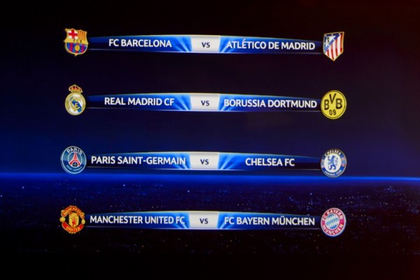 A television screen shows the draw for the quarter-finals of the UEFA Champions league at the UEFA headquarters in Nyon on March 21, 2014. Title-holders Bayern Munich will play Manchester United and Barcelona will take on Atletico Madrid in the star Champions League quarter-finals drawn today. Real Madrid drew Borussia Dortmund and Paris St German play Chelsea in the fourth quarter. AFP PHOTO / FABRICE COFFRINI
