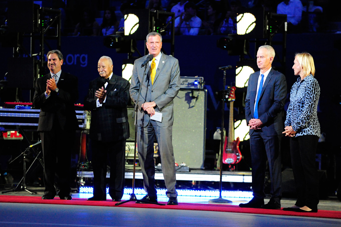 Mayor of the City of New York, Bill de Blasio with USTA Chairman of the Board and President, Dave Haggerty, during the Opening Ceremony joined by Martina Navratilova and John McEnroe. - Photo Credit: Andrew Ong/usopen.org