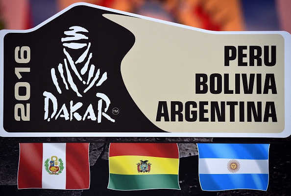 Photo taken on April 16, 2015 shows the 2016 Dakar rally logo during a press conference in Paris to present the 2016 Dakar Rally. The Dakar Rally will start on January 3 in Lima, Peru, and run until January 16,  through Peru, Bolivia and Argentina.  AFP PHOTO / FRANCK FIFE        (Photo credit should read FRANCK FIFE/AFP/Getty Images)